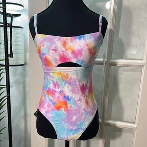 Pink and Blue One Piece Swimsuit with Cutout Detail